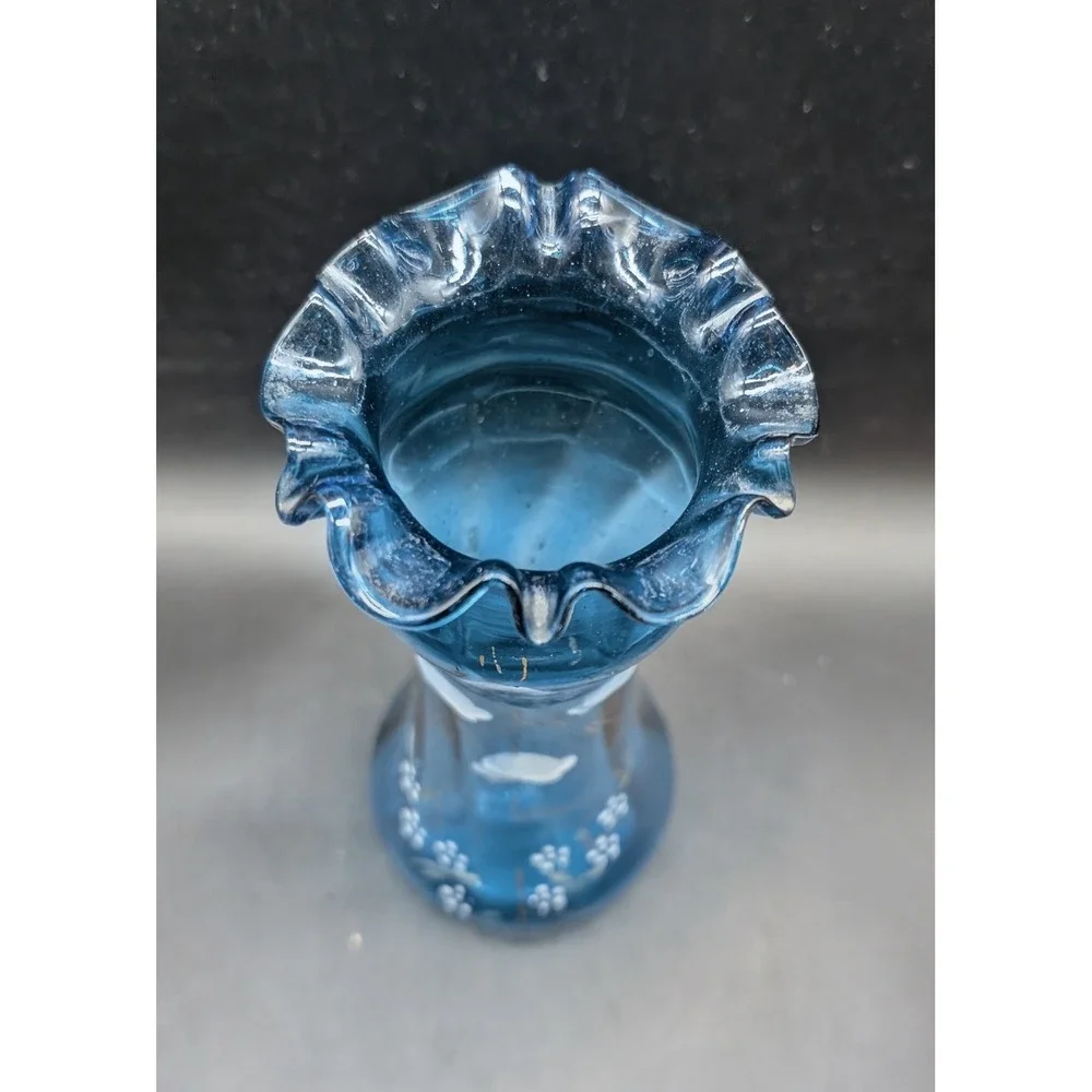 Vintage Blue Hand Blown Glass Ruffled Rim Vase Hand Painted Floral Gold Accents